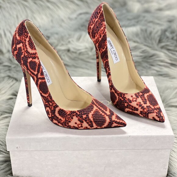 Jimmy Choo Shoes - Jimmy Choo Anouk Mandarin Red Mix Snake Print Heels Pump